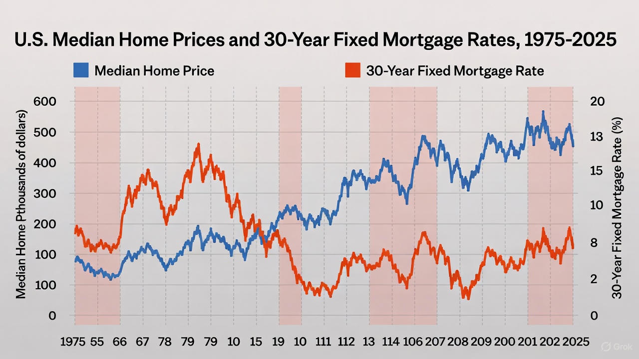 Chart showing median home prices versus mortgage rates over time