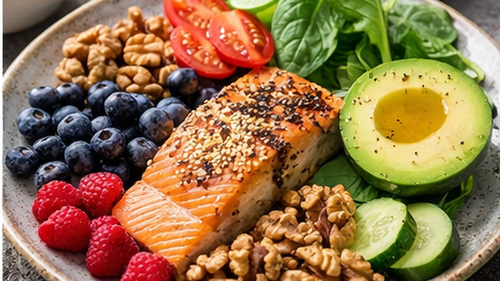 Colorful anti-inflammatory plate featuring salmon, walnuts, berries, avocado, and leafy greens for brain health