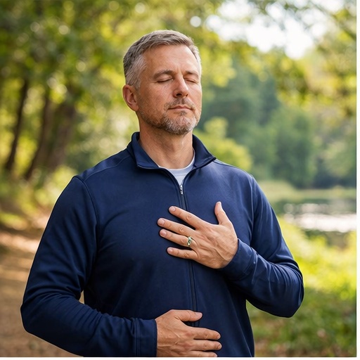 Professional walking outdoors practicing mindful breathwork in a peaceful natural setting