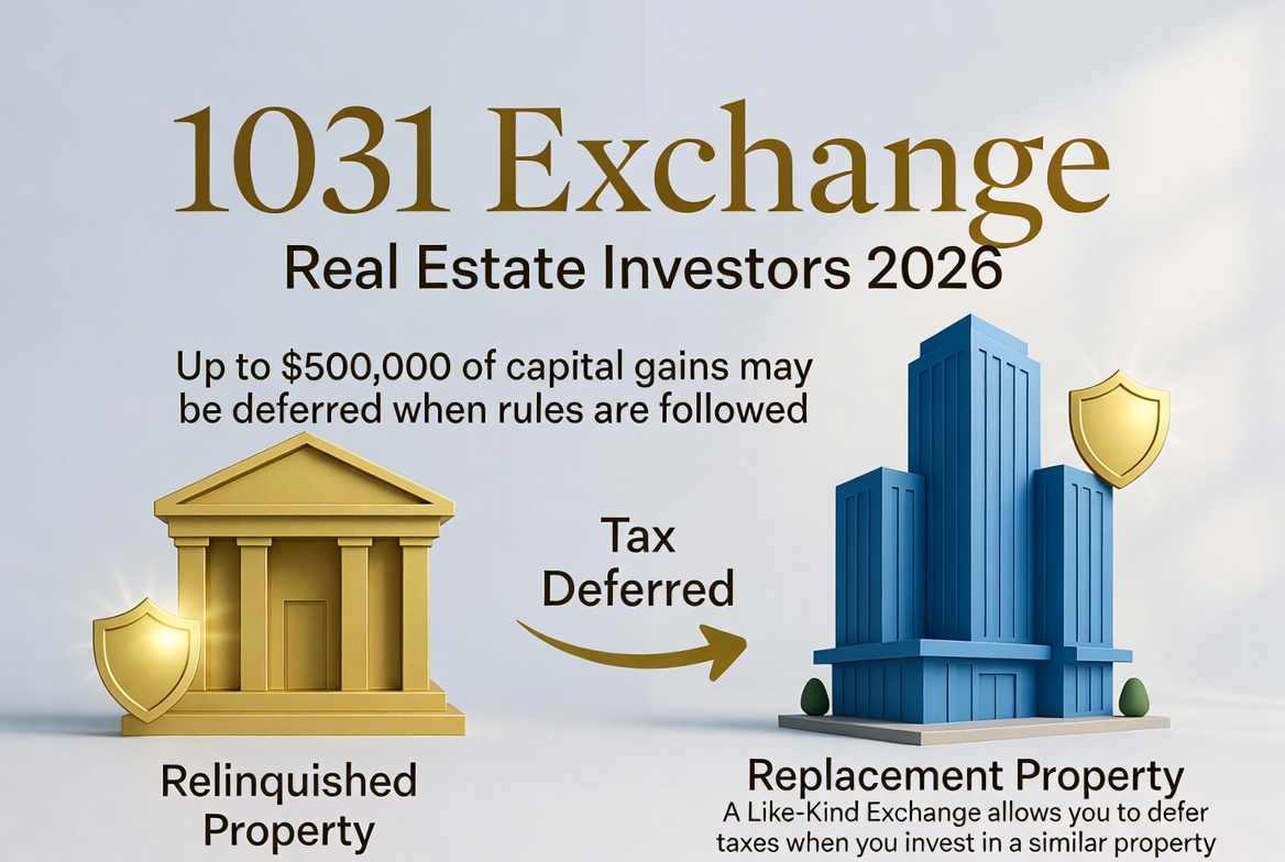 1031 like-kind exchange illustration showing real estate investor deferring capital gains taxes
