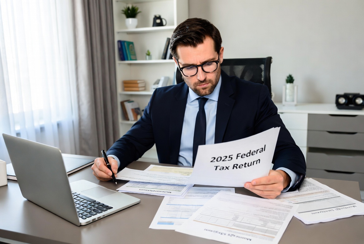 High income professional reviewing a large federal tax bill and exploring mortgage and tax strategy options