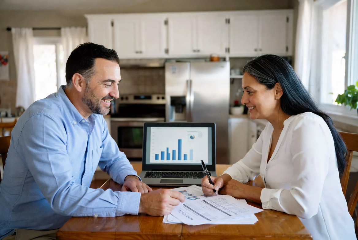 Couple reviewing a household budget and mortgage comparison
