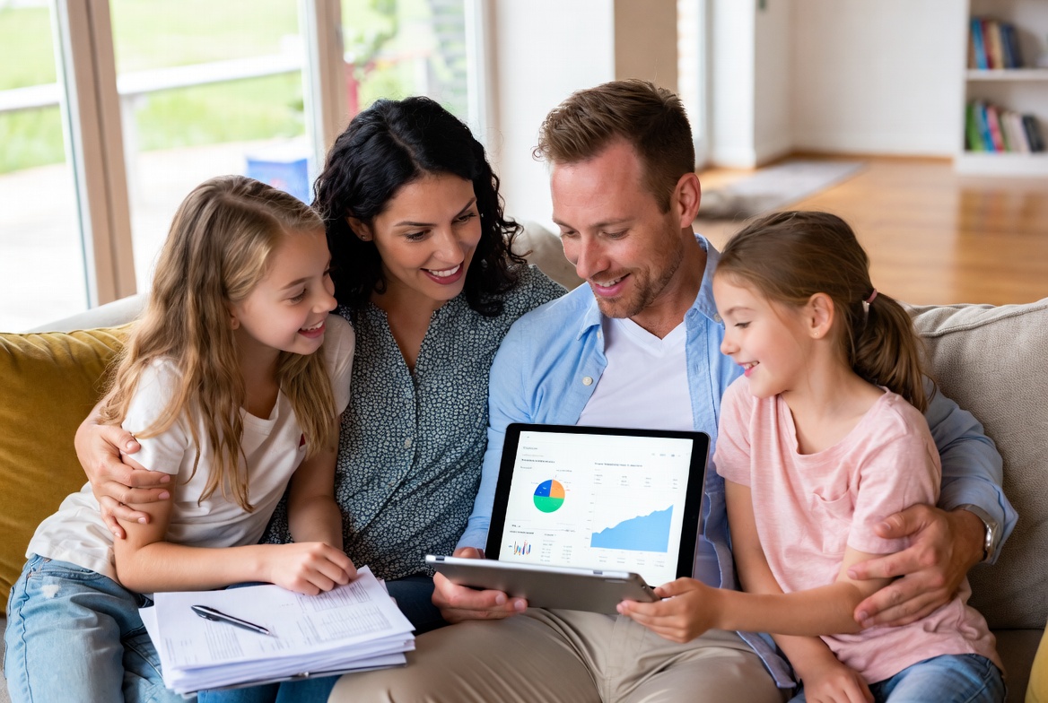 Parents teaching two children about family finances and savings