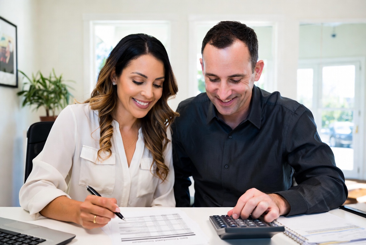 California homeowners reviewing debt consolidation savings with a calculator