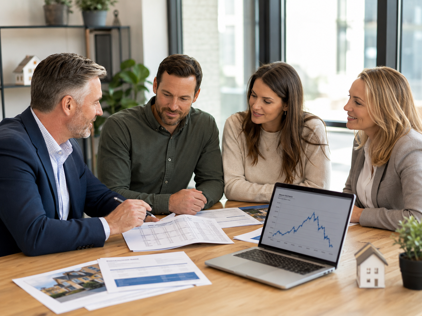 Loan officer, real estate agent and homebuyers reviewing ways to negotiate an affordable home purchase
