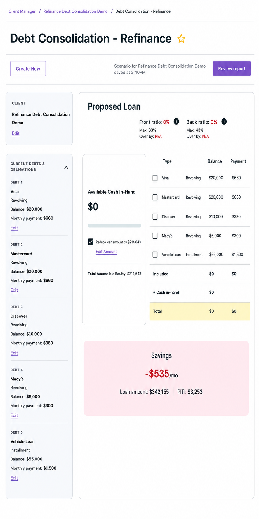 Debt consolidation refinance analysis before consumer debts are selected for payoff