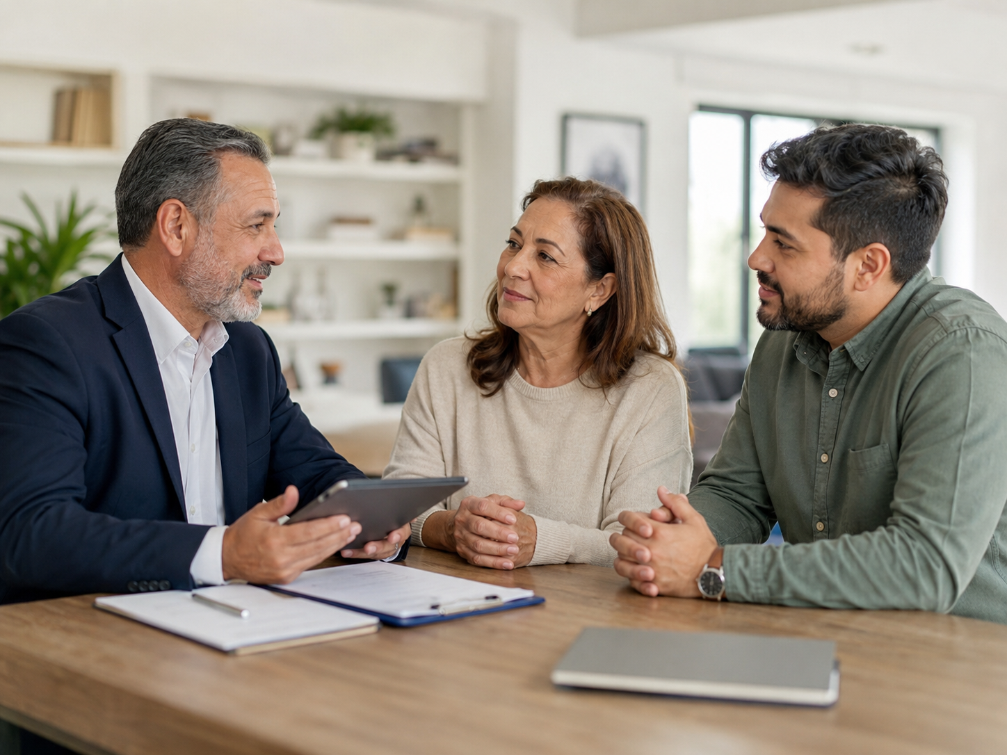 Mother and adult son meeting with an experienced mortgage professional about proprietary reverse mortgage and estate planning options