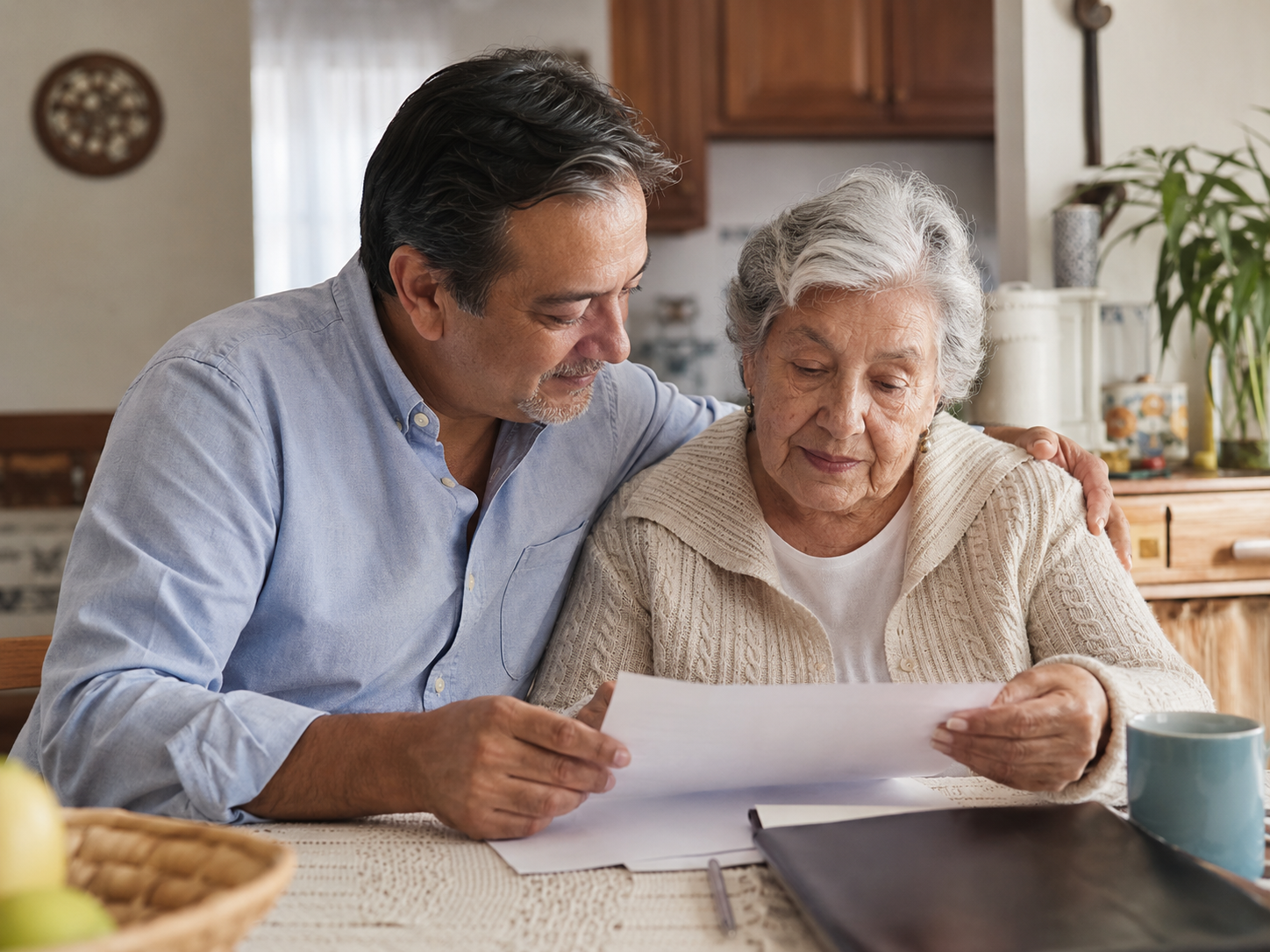 Caregiving adult son discussing reverse mortgage estate planning and future housing with his elderly mother